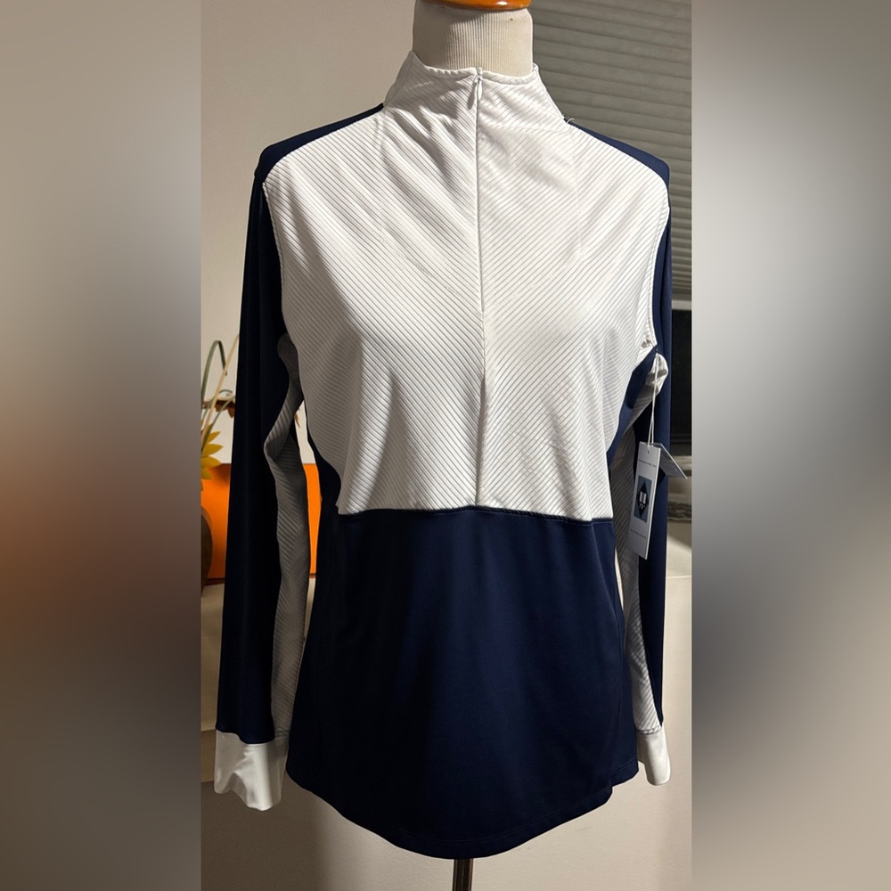 C.M Hadfields Saddlery, NWT Bib Show Shirt White w/Navy Body. Size XL